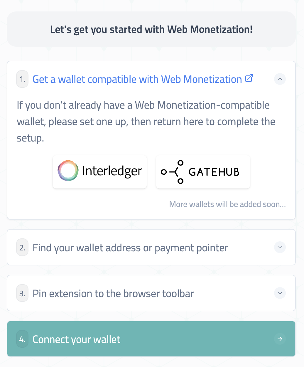 An image of the onboarding screen showing the four steps to configure the extension